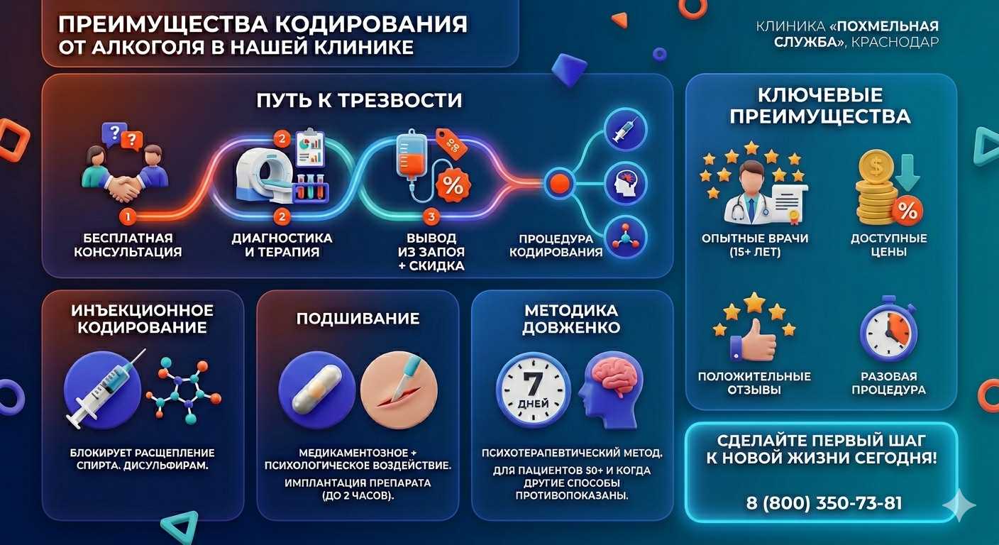 Инфографика о методах кодирования от алкоголя в Ефремове: инъекции, подшивание, метод Довженко. Преимущества клиники и этапы лечения.