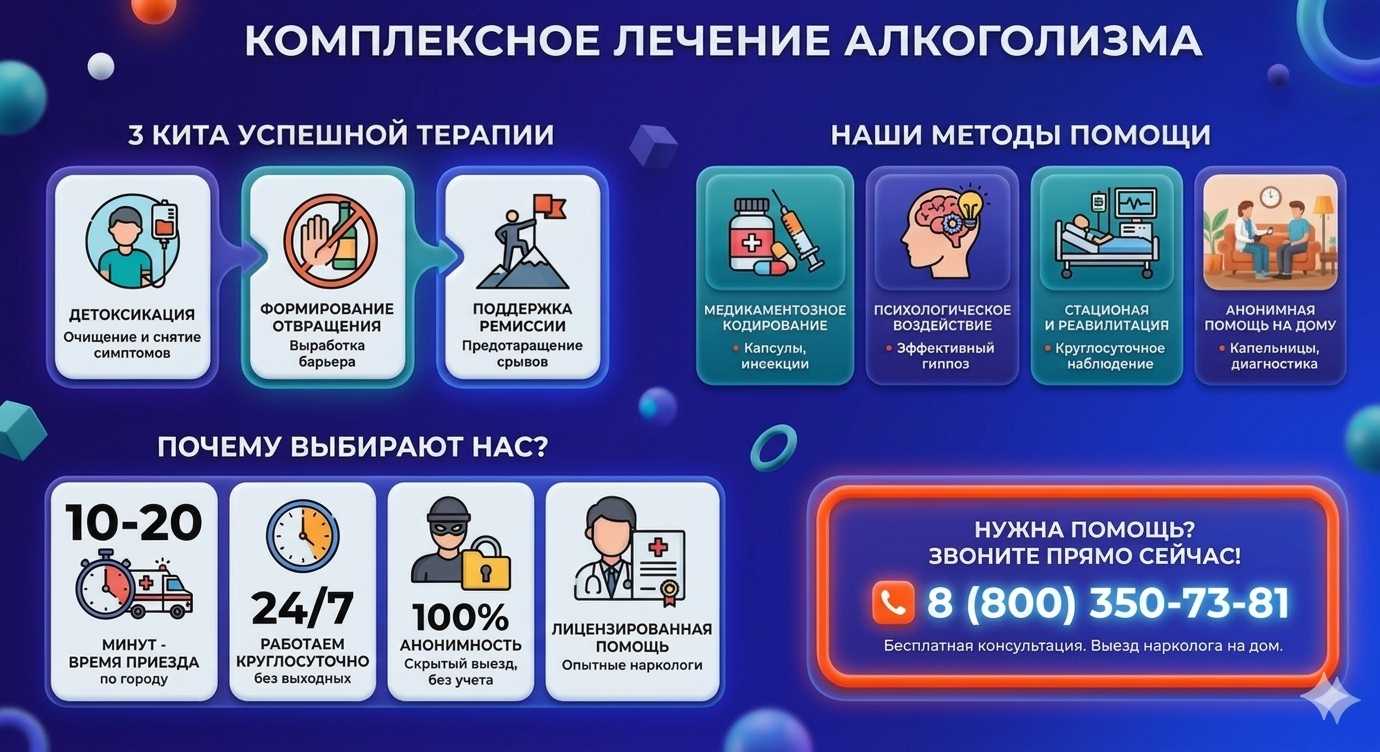 Инфографика о методах лечения алкоголизма в Ефремове: детоксикация, кодирование и анонимная помощь на дому от клиники Похмельная служба.